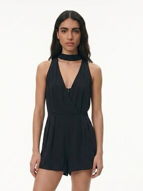 REDBERRY FASHION | Wrap Front Plunge Romper Black Shorts Back Cutout Women’s L